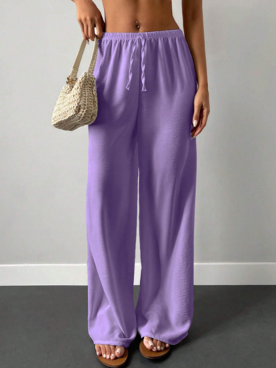 Cottnline Solid Elastic Waist Wide Leg Pants