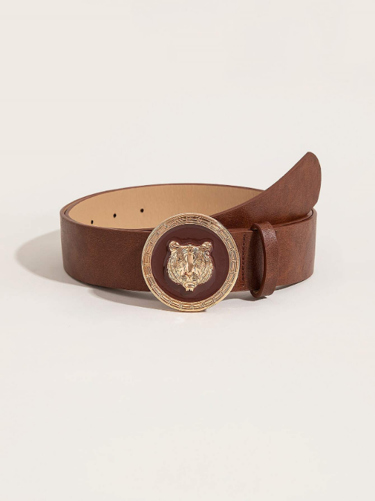 1pc Men's Brown Tiger Buckle Pu Belt