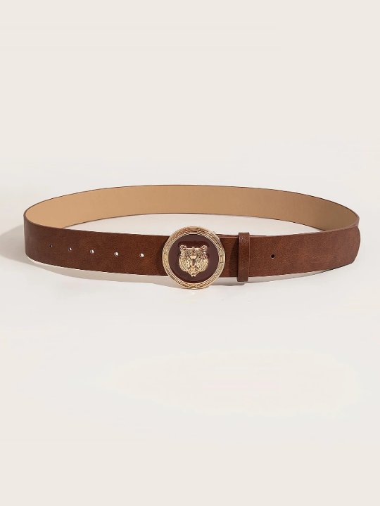 1pc Men's Brown Tiger Buckle Pu Belt