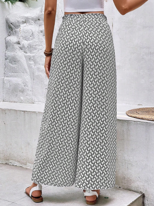 Frenchy Allover Print Knot Front Wide Leg Pants