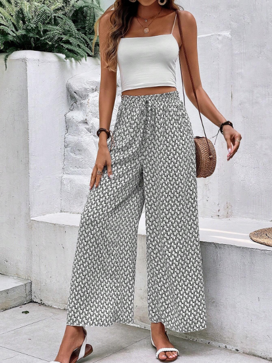 Frenchy Allover Print Knot Front Wide Leg Pants