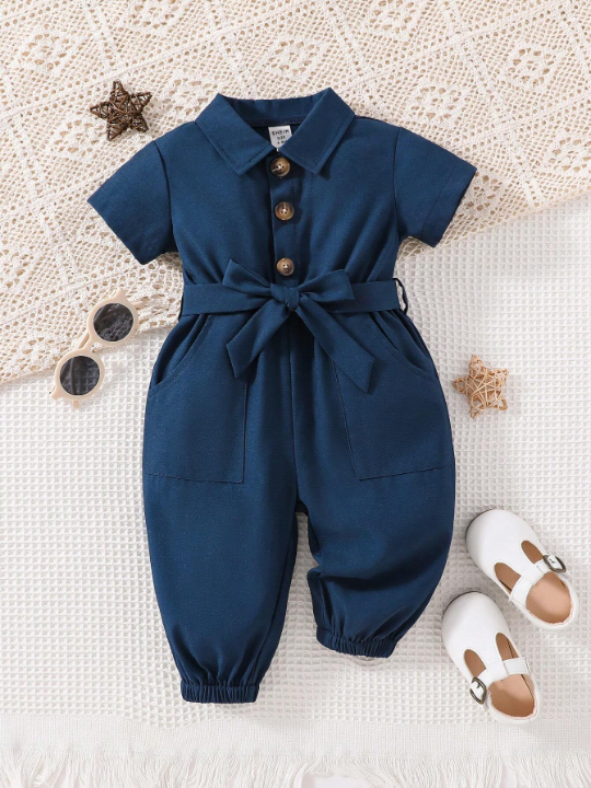 Baby Girl Slant Pocket Belted Shirt Jumpsuit