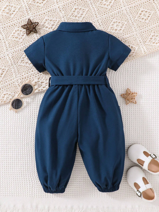 Baby Girl Slant Pocket Belted Shirt Jumpsuit