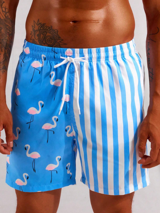 Manfinity Men Striped & Flamingo Print Drawstring Waist Swim Trunks