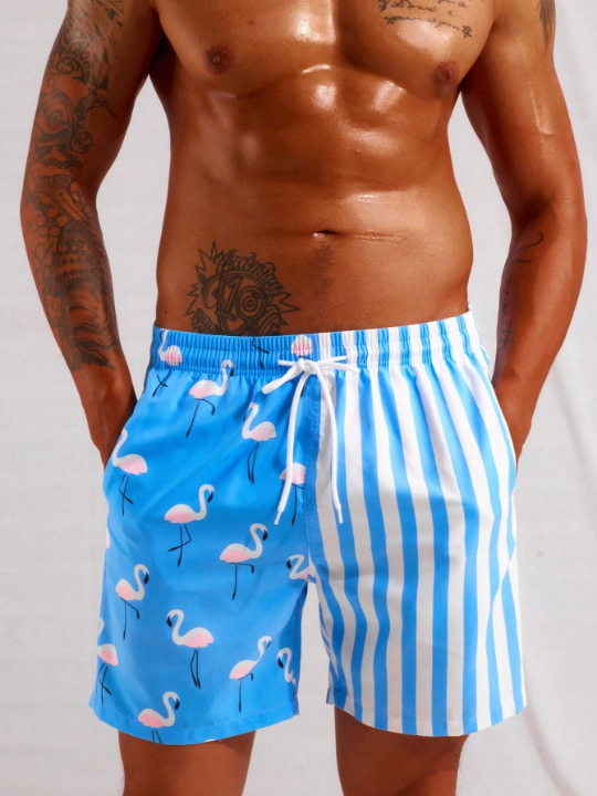 Manfinity Men Striped & Flamingo Print Drawstring Waist Swim Trunks