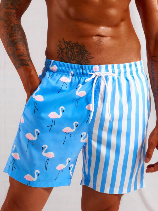 Manfinity Men Striped & Flamingo Print Drawstring Waist Swim Trunks