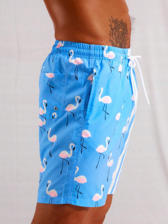 Manfinity Men Striped & Flamingo Print Drawstring Waist Swim Trunks