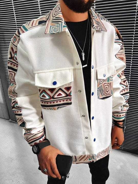 Manfinity Homme Loose Fit Men's Geometric Print Jacket With Flap Pockets