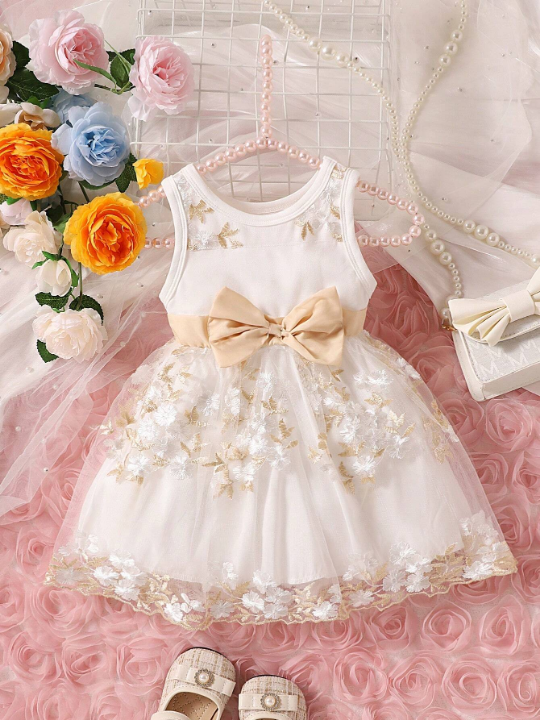 Baby Girl Floral Embroidery Bow Front Mesh Overlay Dress