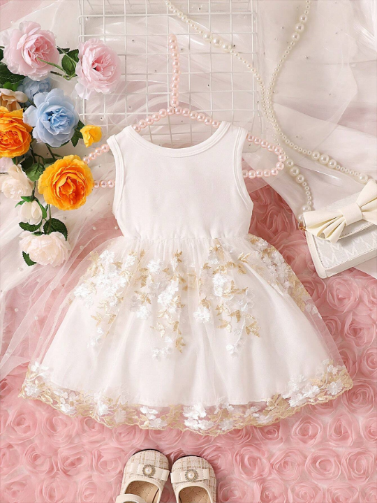 Baby Girl Floral Embroidery Bow Front Mesh Overlay Dress