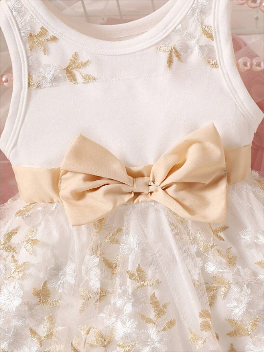 Baby Girl Floral Embroidery Bow Front Mesh Overlay Dress