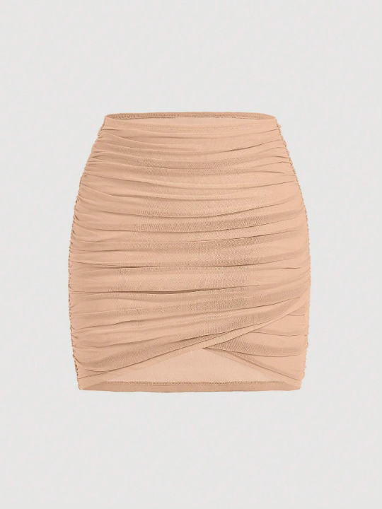 MOD Solid Ruched Mesh Bodycon Skirt