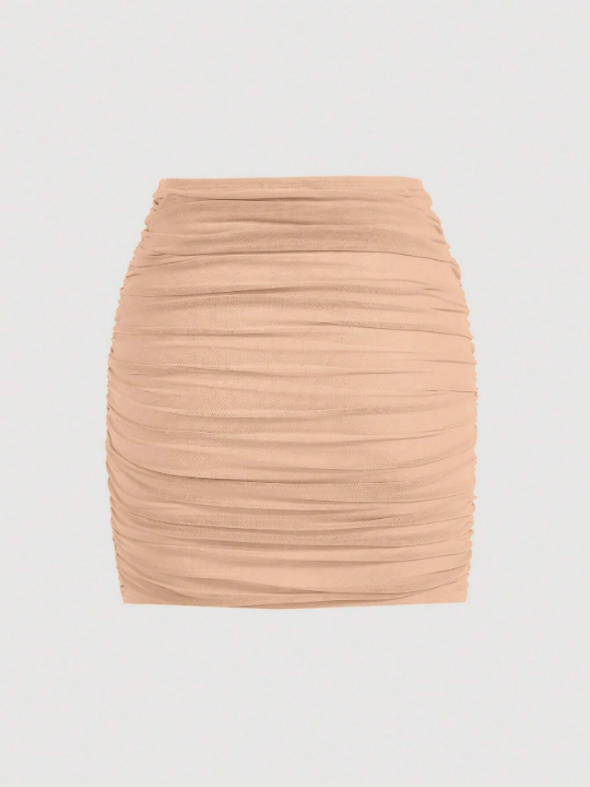 MOD Solid Ruched Mesh Bodycon Skirt