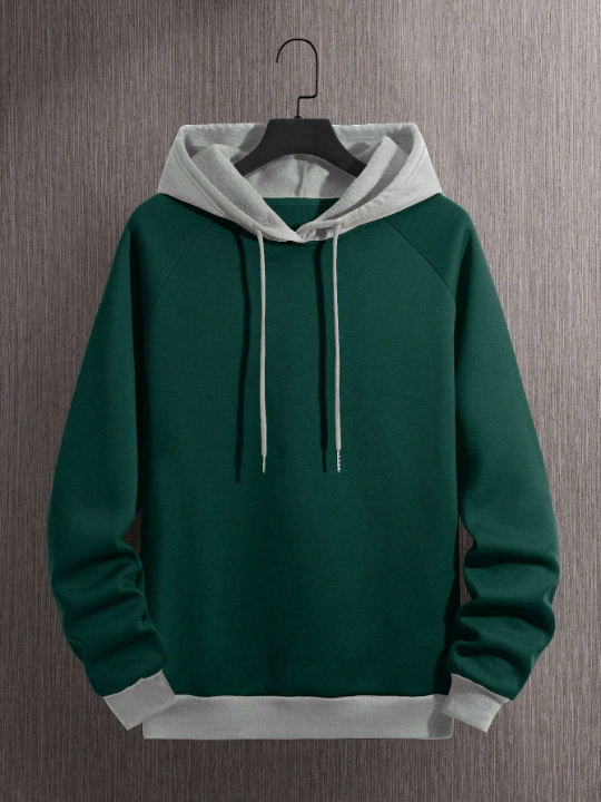 Men Colorblock Raglan Sleeve Drawstring Thermal Lined Hoodie