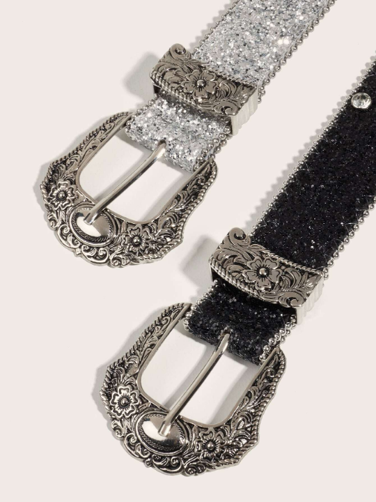 2pcs/Set Women's Western Style Belt With Rhinestones For Cowgirl