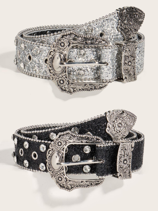 2pcs/Set Women's Western Style Belt With Rhinestones For Cowgirl