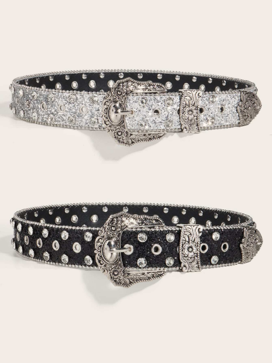 2pcs/Set Women's Western Style Belt With Rhinestones For Cowgirl