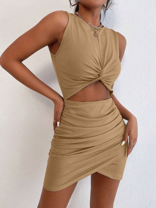 SXY Twist Front Cut Out Ruched Side Tulip Hem Bodycon Dress