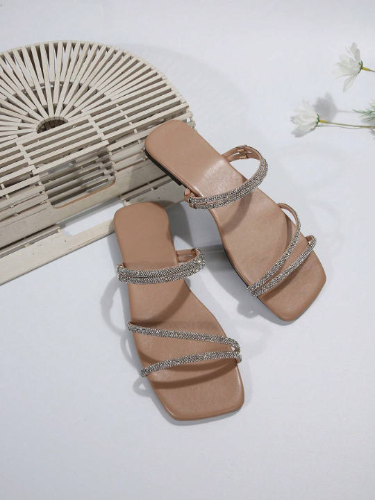 Women Rhinestone Decor Slide Sandals, Glamorous Party Glass Flat Sandals