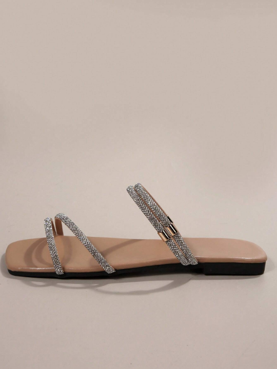 Women Rhinestone Decor Slide Sandals, Glamorous Party Glass Flat Sandals