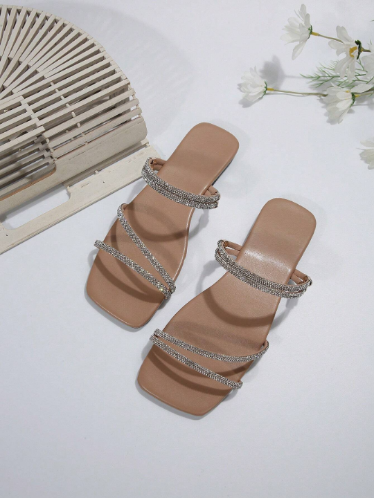 Women Rhinestone Decor Slide Sandals, Glamorous Party Glass Flat Sandals