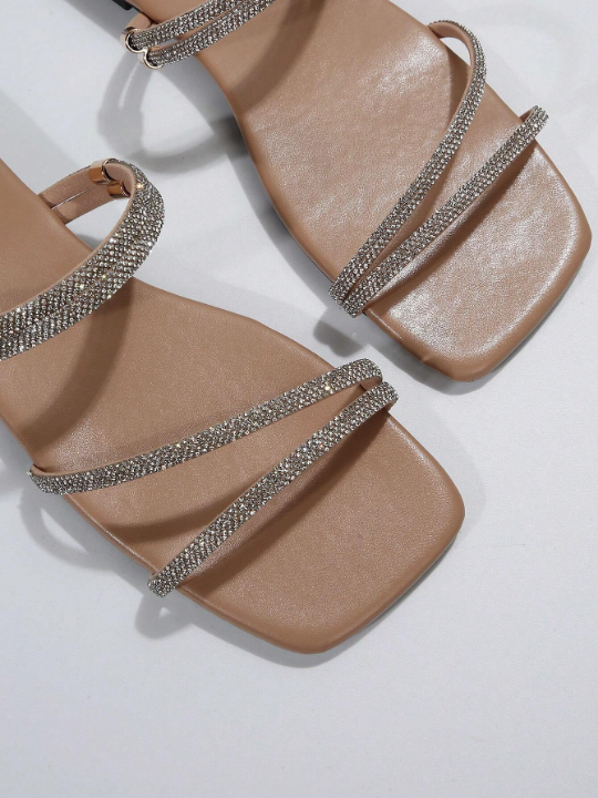 Women Rhinestone Decor Slide Sandals, Glamorous Party Glass Flat Sandals