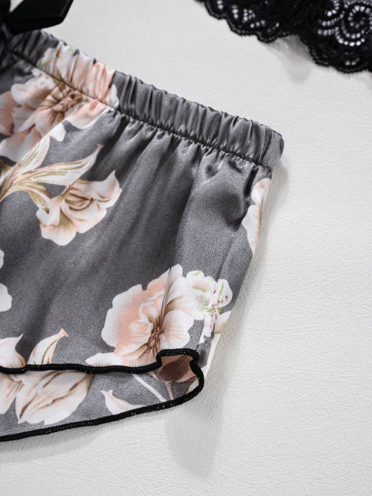 Classic Sexy Floral Lace Bralette With Floral Print Shorts