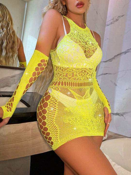 Classic Sexy Rhinestone Studded Fishnet Dress With 1pair Oversleeves