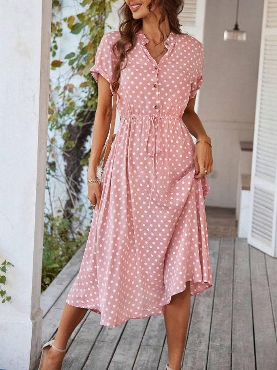 VCAY Polka Dot Print Half Button Knot Front Dress