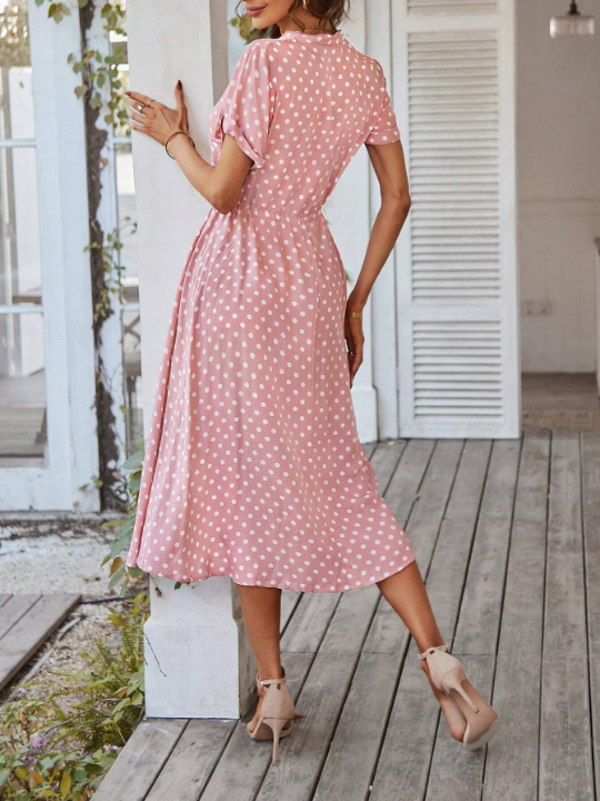 VCAY Polka Dot Print Half Button Knot Front Dress