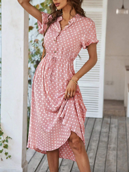 VCAY Polka Dot Print Half Button Knot Front Dress