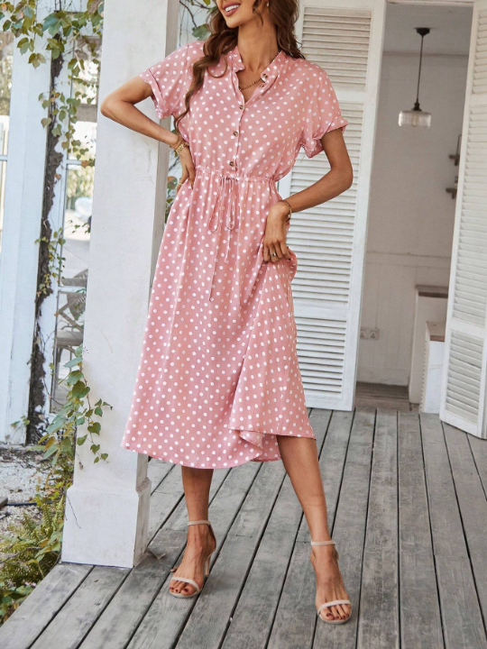 VCAY Polka Dot Print Half Button Knot Front Dress