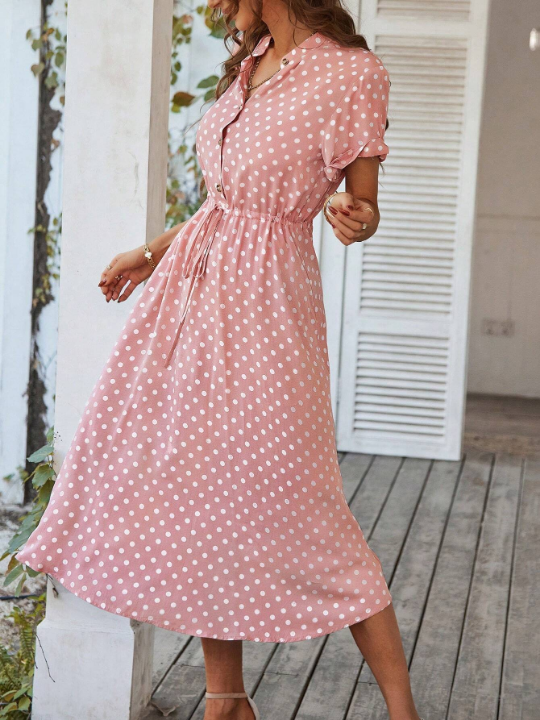 VCAY Polka Dot Print Half Button Knot Front Dress