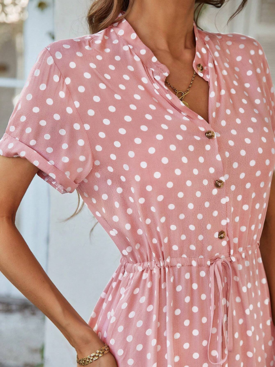 VCAY Polka Dot Print Half Button Knot Front Dress