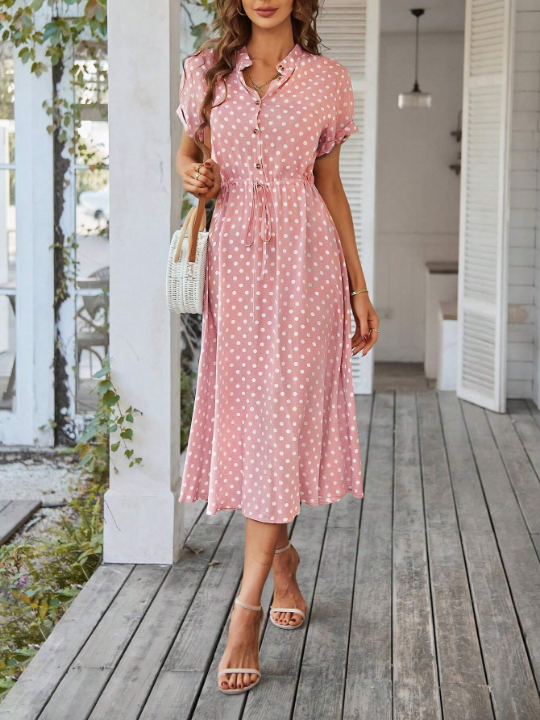 VCAY Polka Dot Print Half Button Knot Front Dress