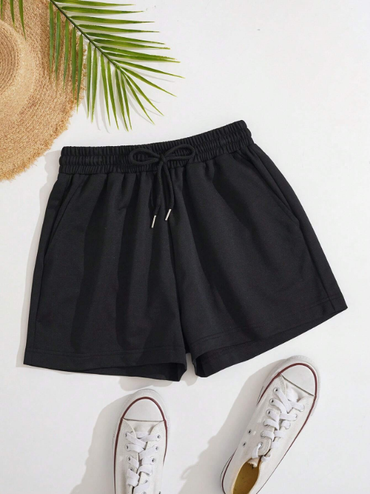 Solid Drawstring Waist Track Shorts