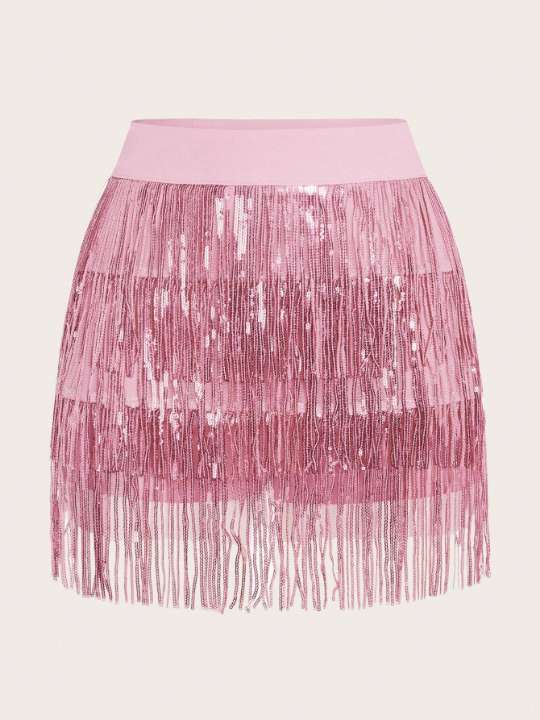 ICON Pink Sequin Fringe Hem Skirt