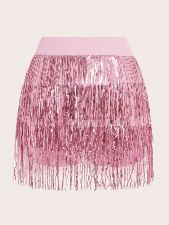 ICON Pink Sequin Fringe Hem Skirt