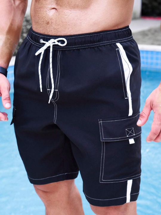 Manfinity Swimmode Men Contrast Tape Flap Pocket Drawstring Waist Swim Trunks