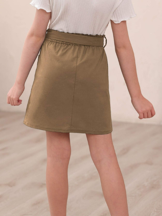 Tween Girl Button Front Belted Paperbag Waist Skirt