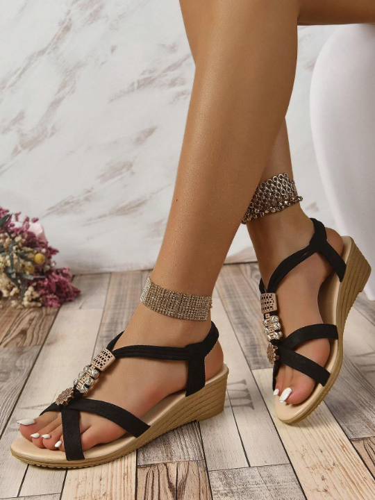 Women Metal Decor Slingback Wedge Sandals, Fashion Summer Sandals