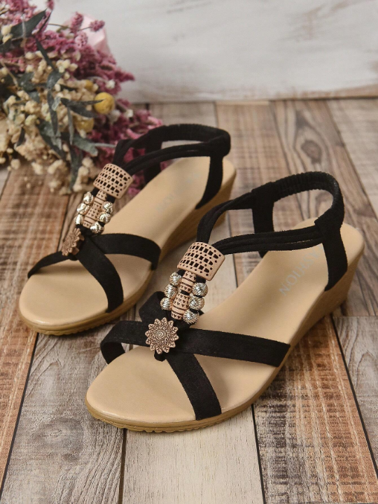 Women Metal Decor Slingback Wedge Sandals, Fashion Summer Sandals