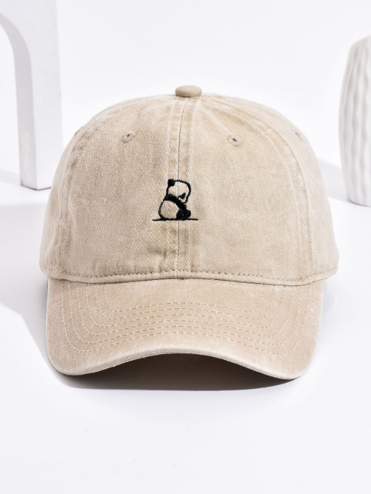 1pc Unisex Khaki Color Panda Embroidery Washed Soft Top Adjustable Baseball Cap For Daily Casual Wear