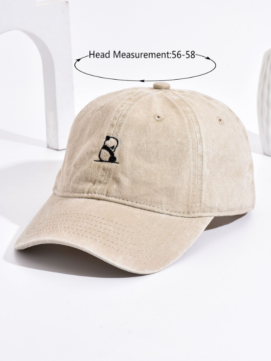 1pc Unisex Khaki Color Panda Embroidery Washed Soft Top Adjustable Baseball Cap For Daily Casual Wear
