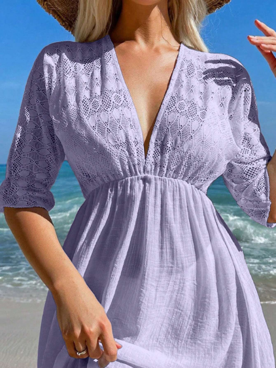 Swim Vcay Solid Deep V Neck Cover Up Dress