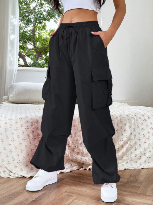 EZwear Flap Pocket Side Drawstring Waist Pants