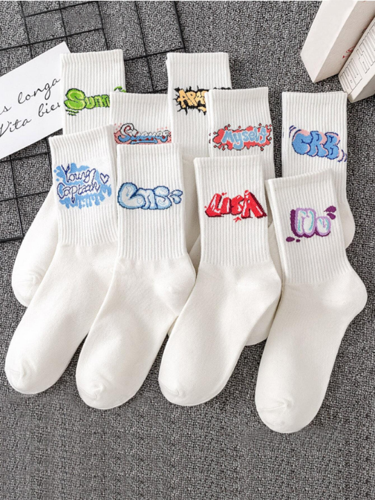 9 Pairs Unisex Random Color Letter Graphic Crew Socks