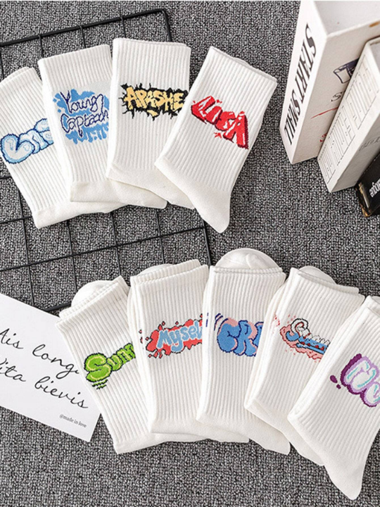 9 Pairs Unisex Random Color Letter Graphic Crew Socks