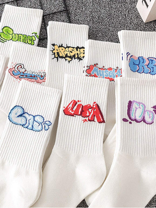 9 Pairs Unisex Random Color Letter Graphic Crew Socks