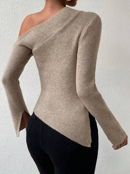 Priv Asymmetrical Neck Split Hem Sweater